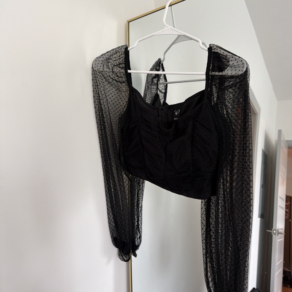 Windsor Black Sheer Long-Sleeve Ruched Crop Top